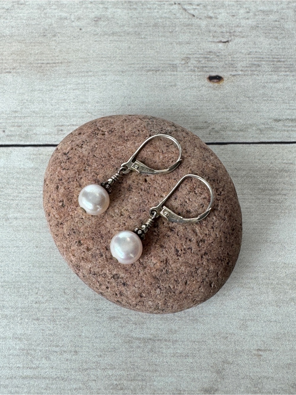 Silver Leverback Pearl Drop Earrings - White Pearls